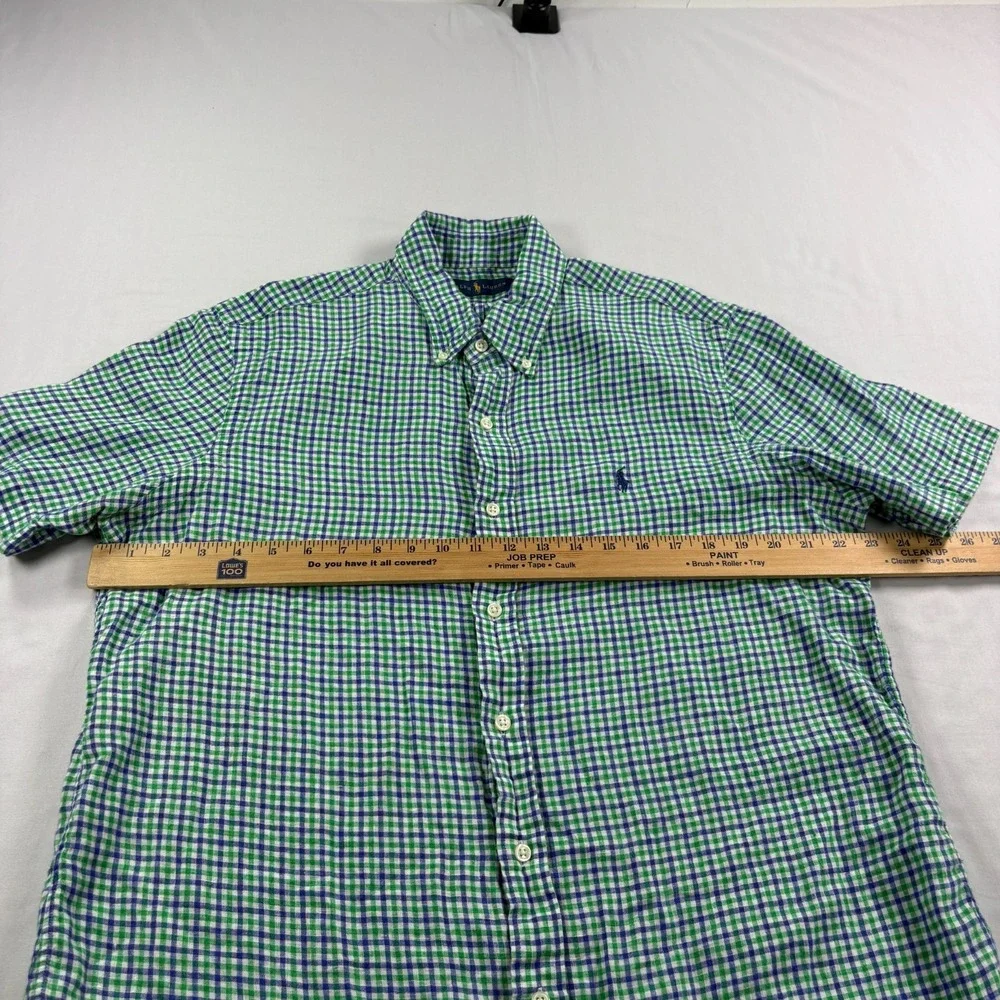 Polo Ralph Lauren Linen Shirt Mens Large Blue Green Plaid Button Up Camp Beach